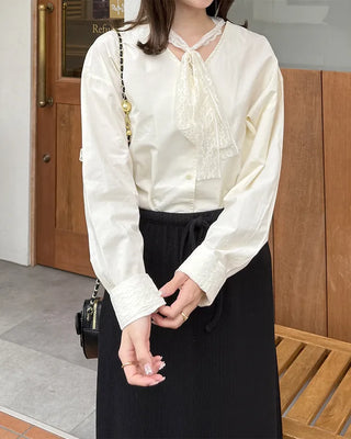 Lace tie set V-neck cotton blouse