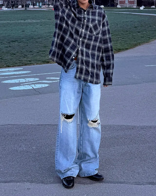 Distressed wide-leg denim