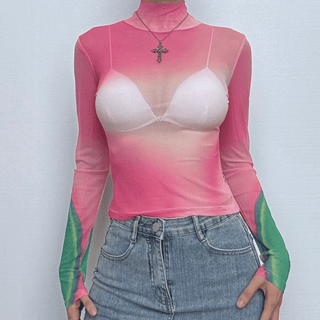 Long sleeve high neck print sheer mesh contrast top