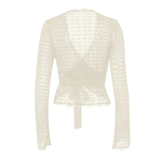 Long flared sleeve v neck lace hem knotted top