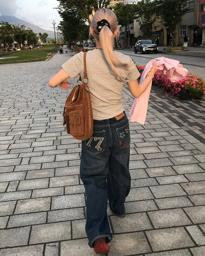 Hip-stitch washed denim pants