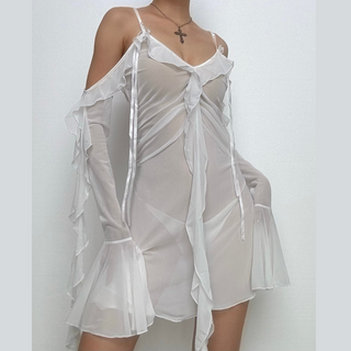 Long flared sleeve Off shoulder sheer mesh ruffle mini dress