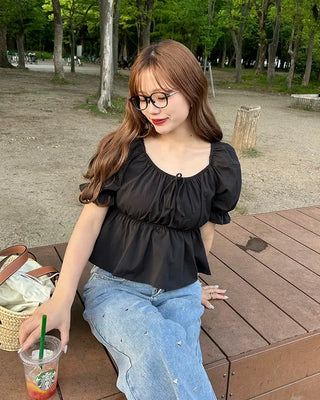 Ribbon Shirred Off-Shoulder Blouse