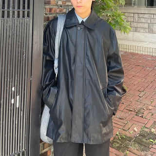 (Unisex) Fly-front button half leather coat