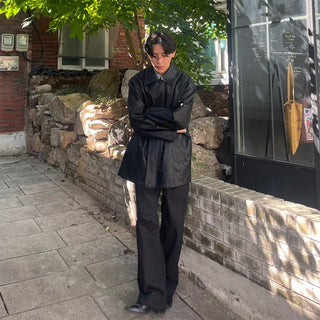 (Unisex) Fly-front button half leather coat