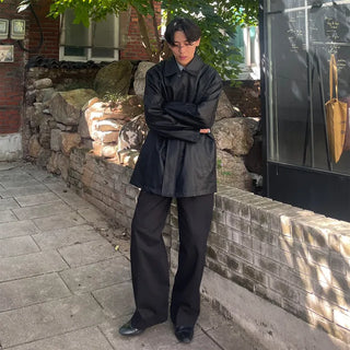 (Unisex) Fly-front button half leather coat