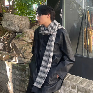 (Unisex) Fly-front button half leather coat