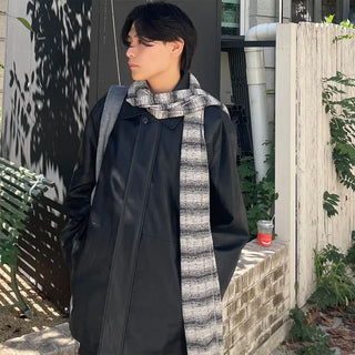 (Unisex) Fly-front button half leather coat