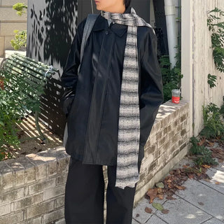 (Unisex) Fly-front button half leather coat