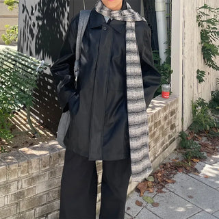 (Unisex) Fly-front button half leather coat
