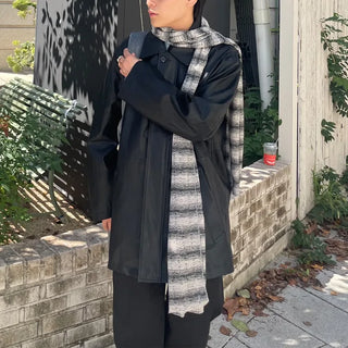 (Unisex) Fly-front button half leather coat