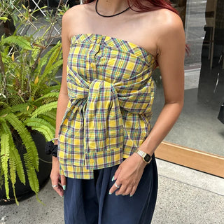 Checked Ribbon Shirt Tube Top