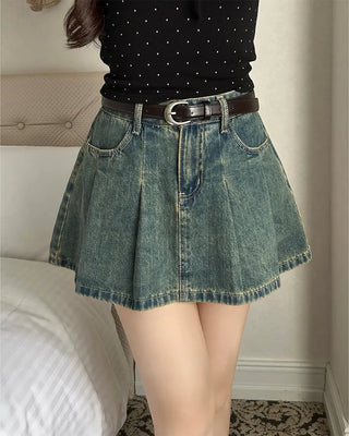 (Belt set) Denim pleated mini skirt