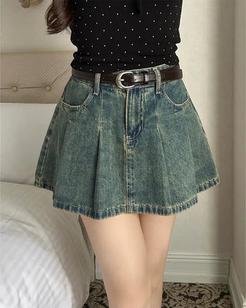 (Belt set) Denim pleated mini skirt