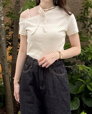 Dot Asymmetric Off-Shoulder Short-Sleeve T-Shirt