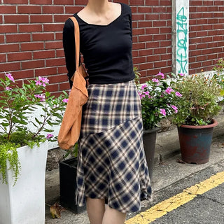 Vintage check layered banding skirt