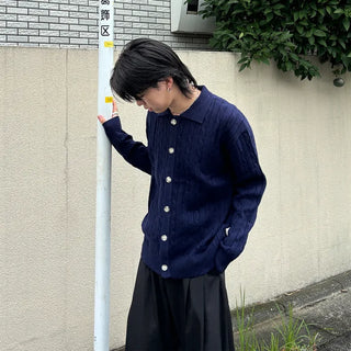 (Unisex) Cable Button Collar Cardigan