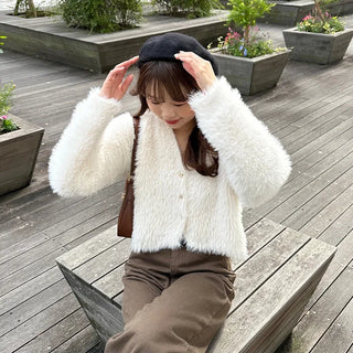 Cropped Shaggy Knit Cardigan