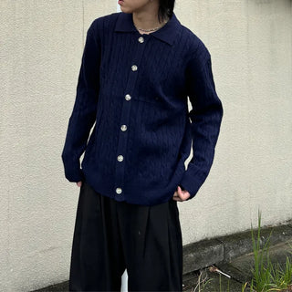 (Unisex) Cable Button Collar Cardigan