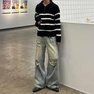 (Unisex) Color Semi-Zip Striped Knitwear
