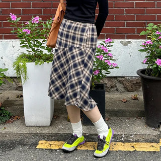 Vintage check layered banding skirt