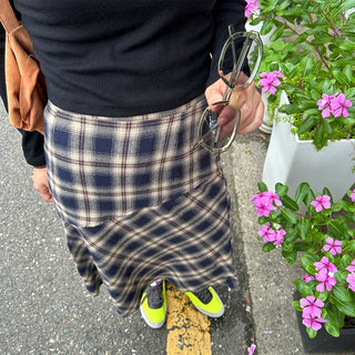 Vintage check layered banding skirt