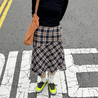 Vintage check layered banding skirt