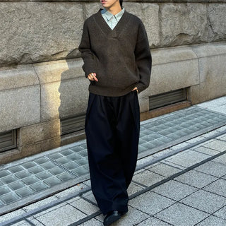 (Unisex) Double-waisted unique wide slacks