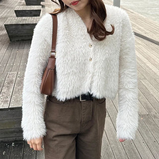 Cropped Shaggy Knit Cardigan