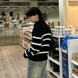 (Unisex) Color Semi-Zip Striped Knitwear