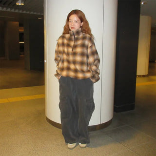 (Unisex) Ombre Check Cropped Zip-Up
