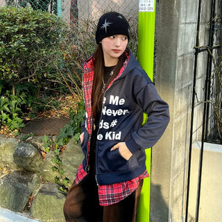 Checked layered hooded zip-up