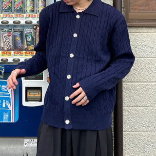(Unisex) Cable Button Collar Cardigan