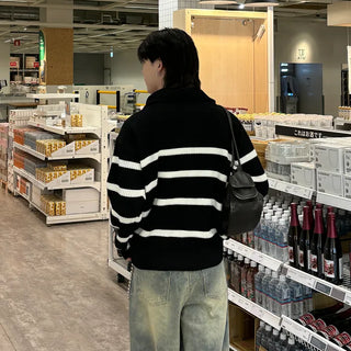 (Unisex) Color Semi-Zip Striped Knitwear