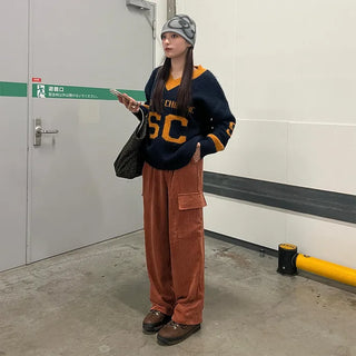 (Unisex) Corduroy Wide Cargo String Jogger Pants