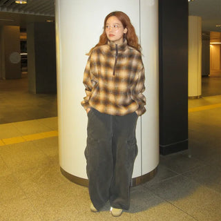 (Unisex) Ombre Check Cropped Zip-Up