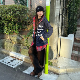 Checked layered hooded zip-up