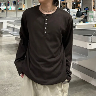 (Unisex) Henley Neck Cozy Long-Sleeve T-Shirt