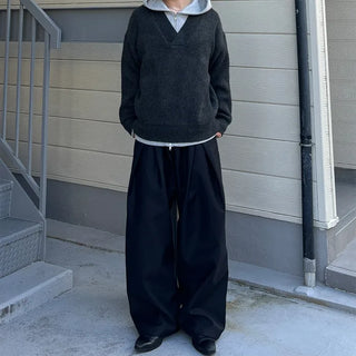 (Unisex) Double-waisted unique wide slacks