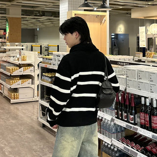 (Unisex) Color Semi-Zip Striped Knitwear