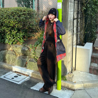 Checked layered hooded zip-up