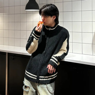 (Unisex) Two-tone knitwear zip-up