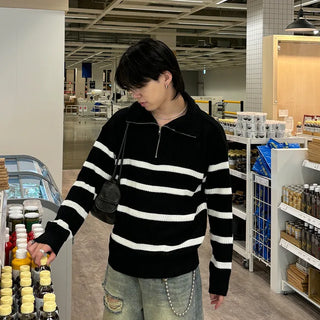 (Unisex) Color Semi-Zip Striped Knitwear