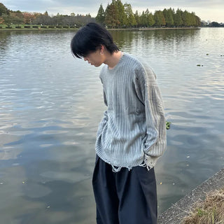 (Unisex) Ribbed distressed knit
