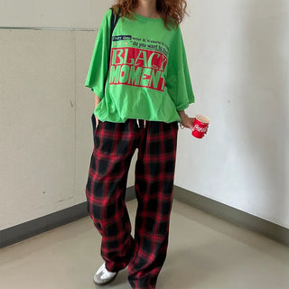 Tone-on-tone check banding pants