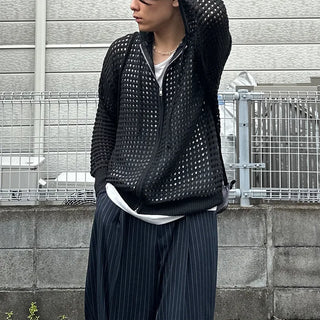 Mesh knit hooded zip-up