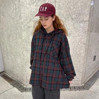 (Unisex) Check Hoodie Shirt Jacket