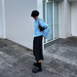 Pleated denim shorts