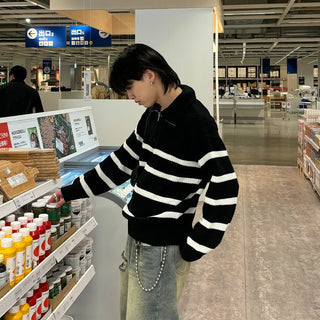 (Unisex) Color Semi-Zip Striped Knitwear
