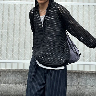 Mesh knit hooded zip-up